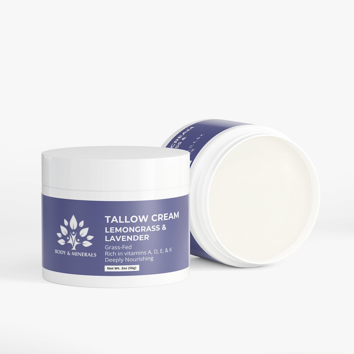 Tallow cream jar with purple label on a white background