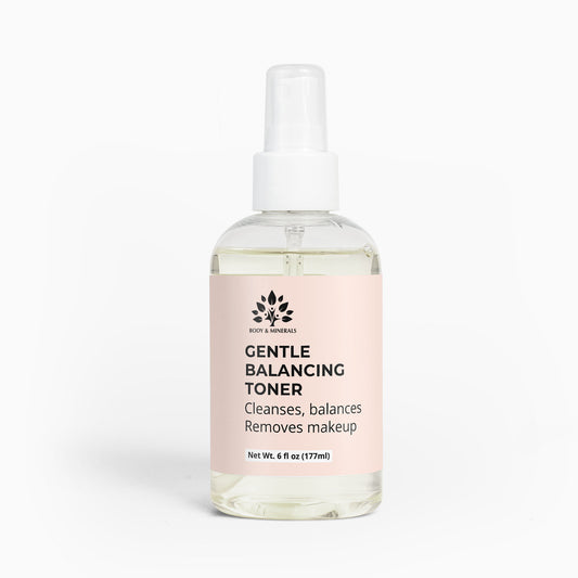 Bottle of Gentle Balancing Toner with a pink label on a white background